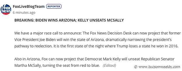 Fox News Calls Arizona for Biden, Kelly