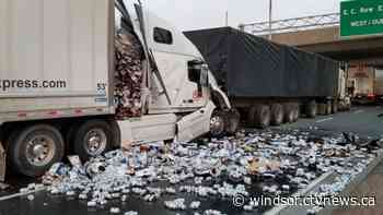 Tractor-trailer collision spills beer across Ontario highway