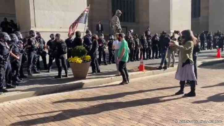 Police In Riot Gear Arrive At ‘Stop The Steal’ Rally Downtown Where Tensions Rise Between Opposing Groups