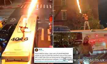 Shirtless maniac with a FLAMETHROWER climbs on top of NYC bus