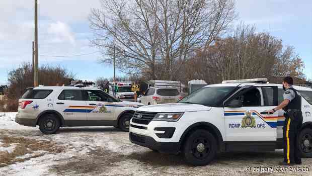 RCMP, EMS and fire crews at scene of investigation in Delacour, Alta.