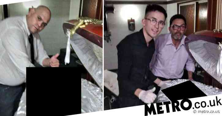 Funeral workers pose for grinning pictures with Diego Maradona’s body inside coffin