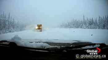 Dashcam captures terrifying near miss between truck and snowplow on B.C. Highway