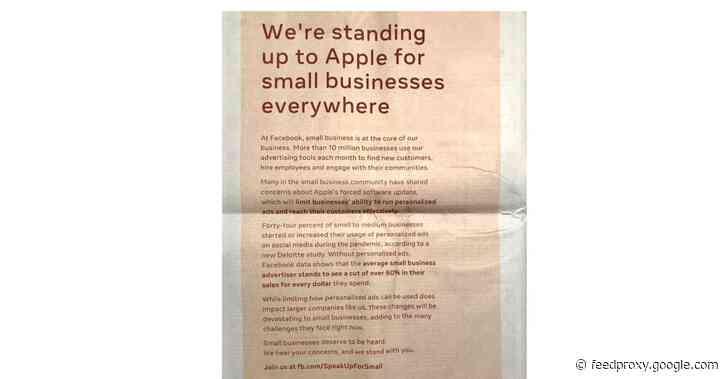 Facebook attacks Apple in full-page newspaper ads over ad-tracking