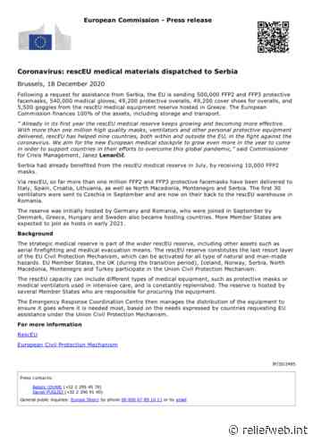 Coronavirus: rescEU medical materials dispatched to Serbia - Serbia - ReliefWeb