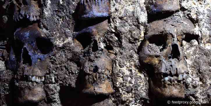 Photos show a tower of human skulls found buried beneath Mexico City. The Aztecs ritually sacrificed them, archaeologists say.