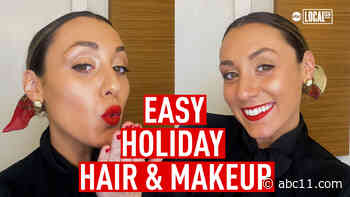 Go full glam at home for the holidays! From a simple updo to shimmery eyes and a perfect red lip