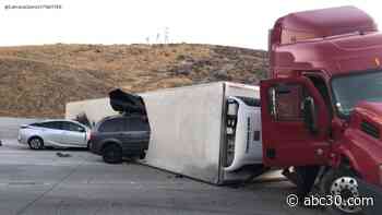 Multi-vehicle crash involving big rig carrying lettuce shuts down southbound 5 Freeway in Castaic