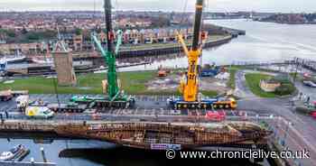 Drone footage shows floating restaurant being lifted out of Royal Quays Marina