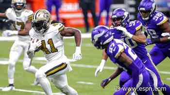 New Orleans Saints' Alvin Kamara scores three first-half TDs