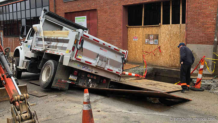 PWSA Dump Truck Partially Falls Into Construction Hole In Lawrenceville