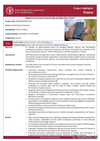FAO Project Highlights: Yemen - Support to the Food Security and Agriculture Cluster (OSRO/YEM/903/USA) - Yemen - ReliefWeb