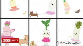 AI draws dog-walking baby radish in a tutu