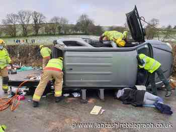 Lancashire driver airlifted to hospital after losing control on ice and crashing car