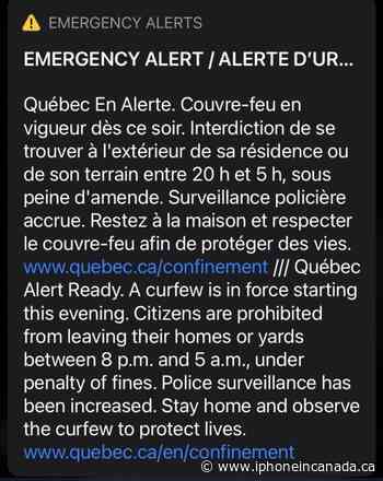 Quebec COVID-19 Curfew Reminder Sent by Emergency Wireless Alert - iPhone in Canada