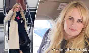 Rebel Wilson steps off a private jet after arriving at a mystery destination