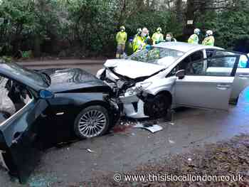 Two cars wrecked in head on crash in Potters Bar