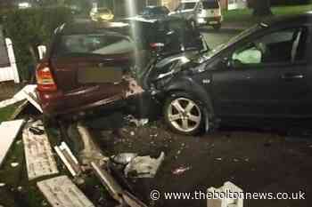 Parked cars written off and front garden a wreck after crash on Harper Green Road, Farnworth