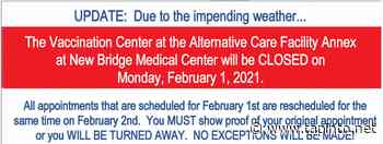 COVID Vaccination Center Closed at Bergen New Bridge Medical on Monday Due to Impending Storm - TAPinto.net