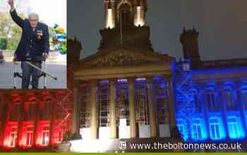 Town Hall is lit up red white and blue in tribute to Captain Sir Tom Moore