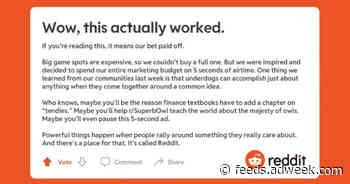 Reddit’s 5-Second Regional Super Bowl Spot Was Inspired by the GameStop Stock Debacle