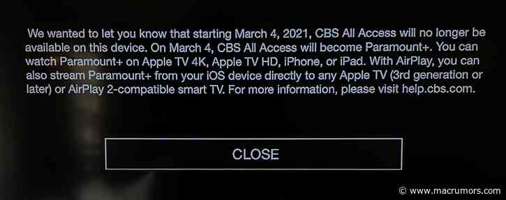 Third-Generation Apple TV Losing Support for CBS All Access in Transition to Paramount+ Next Month