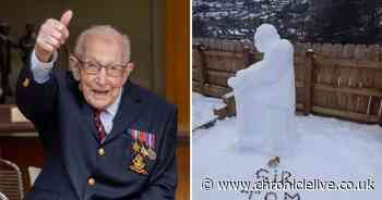 5ft Captain Sir Tom Moore snow sculpture built in Northumberland garden