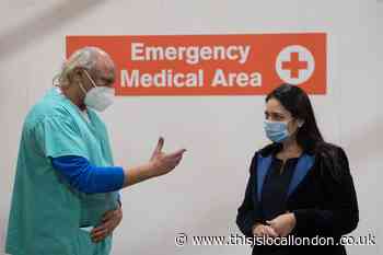 Priti Patel visits Byron Hall Covid-19 vaccination centre