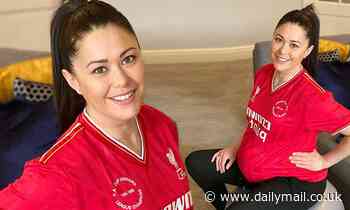 Overdue Sam Quek shows off her baby bump in a Liverpool FC shirt