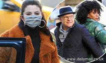 Selena Gomez enters a car while Steve Martin hangs out on the set of Only Murders In The Building