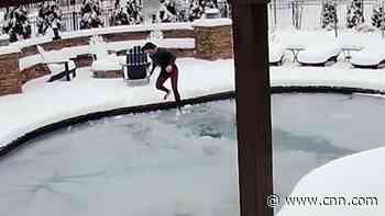 Owner plunges into frozen pool to save dog
