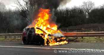 Picture shows dramatic M6 car fire near Warrington - Cheshire Live