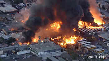 WATCH: Firefighters battling massive industrial complex fire ripping through structures, buses in Compton
