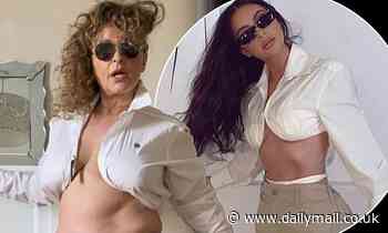 Nadia Sawalha, 56, playfully parodies Kim Kardashian as she tucks a white shirt beneath her boobs