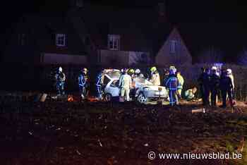 Auto knalt tegen verlichtingspaal en belandt op veld, bestuurder zit gekneld<BR />