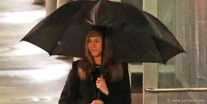 Jennifer Aniston Films in the Rain for 'The Morning Show'