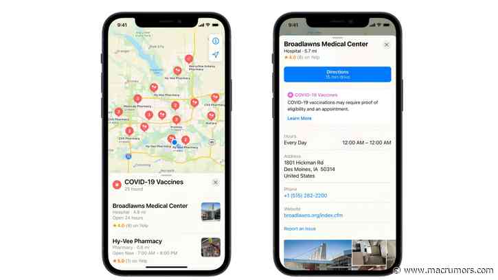 Apple Maps Displays COVID-19 Vaccination Locations in United States