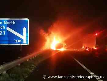 Two lanes closed on M61 near Chorley after van bursts into flames
