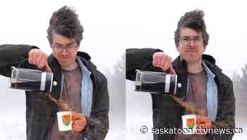 Video of Sask. man bravely attempting to pour coffee in blustery storm finds fans online