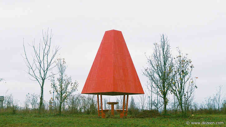 Red steel distinguishes tiny chess pavilion within French parkland