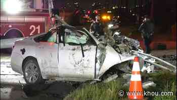 Two critically injured after car splits in half during crash in front of fire station in SW Houston - KHOU.com