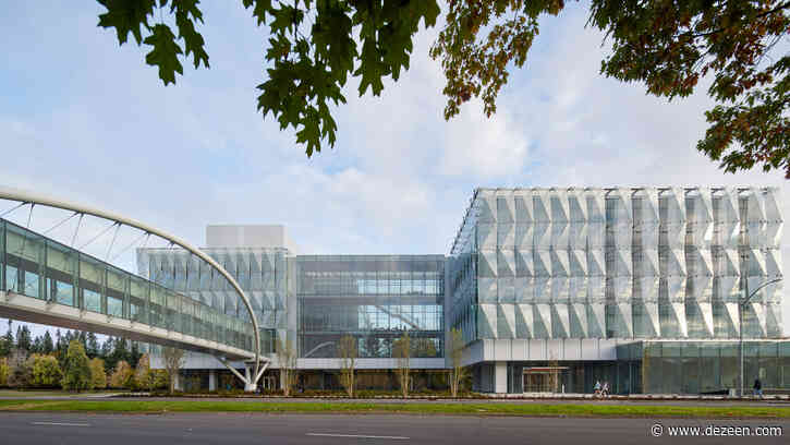Triangular glass panels wrap Knight Center at the University of Oregon