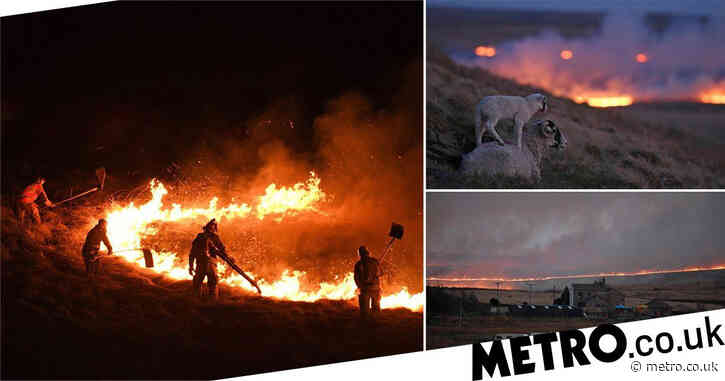 Large fire rages across moorland in Yorkshire with 10 fire engines at scene
