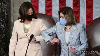 Harris, Pelosi make history as first 2 women to share stage in Congress during presidential address