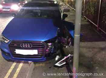 Stolen Audi crashes into lamp post in Blackburn, while police dog catches four thieves in Colne