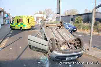 Tarring Road Worthing crash: Car overturns and police at scene