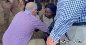 Woman drops to knees in plea to Scott Morrison - 9News