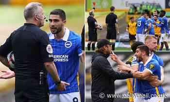 Brighton striker Neal Maupay is sent off AFTER the final whistle following defeat by Wolves