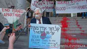 Toronto activists paint Israeli consulate steps with 'river of blood' after more than 200 Palestinians killed, 66 children - CTV Toronto