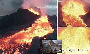 Drone dive bombs into the bubbling lava erupting from Iceland's Fagradalsfjall volcano